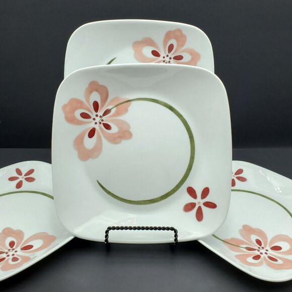 Corelle Pretty Pink Square Luncheon Plates Corning Pink Flowers Lunch Plates - Picture 1 of 6